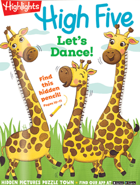 Cover of Highlights High Five: three giraffes dancing in tall green grass under a cloudy sky