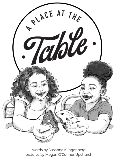 Cover of A Place at the Table: two girls seated at a table holding up pieces of a broken cookie, with the title in a circular seal above them